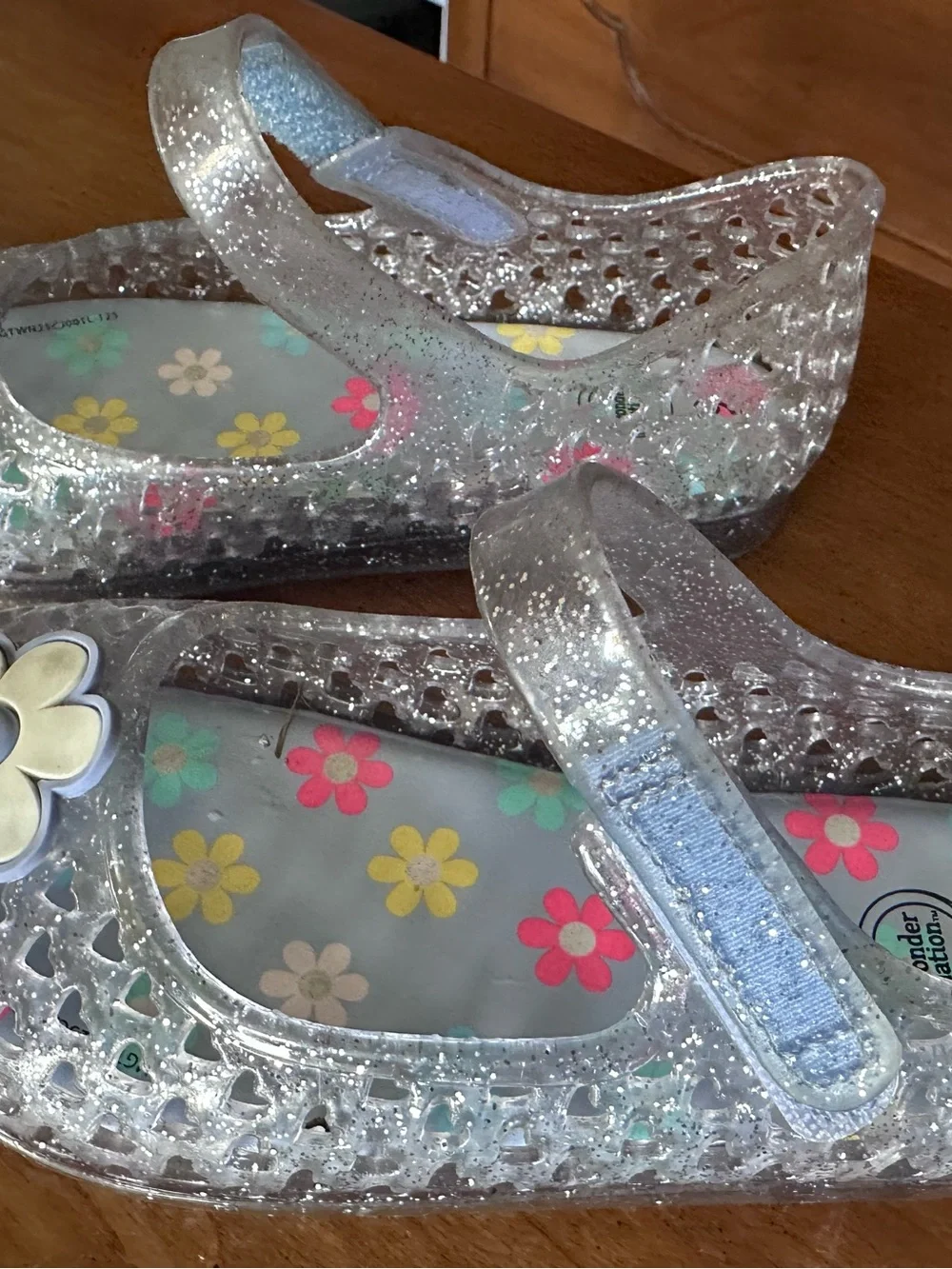 Kids Glitter Jelly Mary Jane Shoes - Blue Clear with Multi-Color Flowers